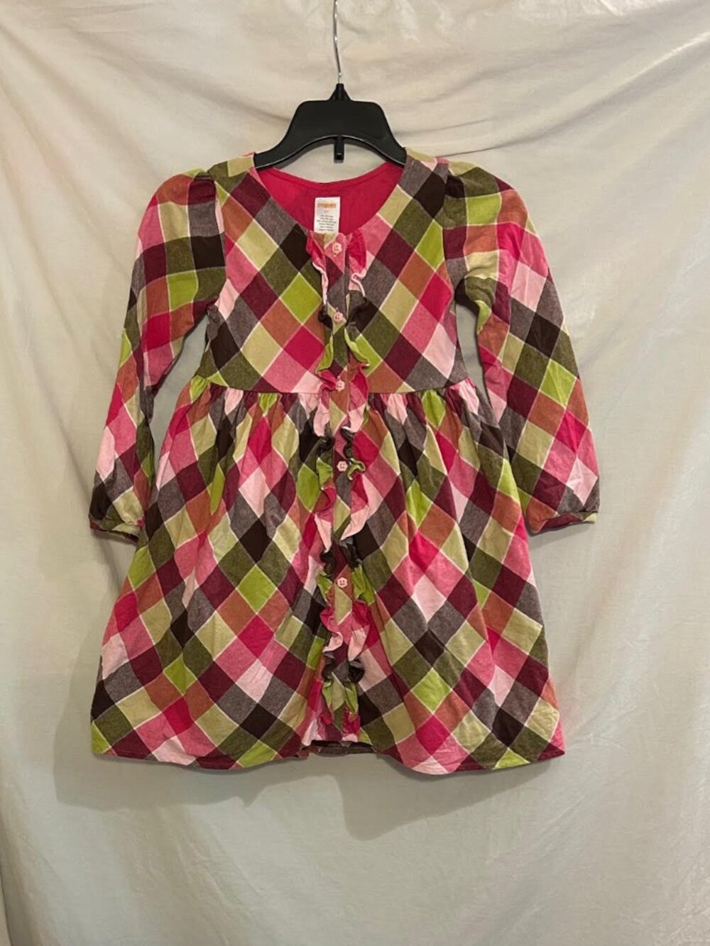 Gymboree Girls Size 5T Pink Green Plaid Ruffle Long Sleeve Dress Party